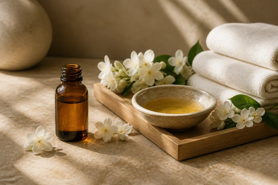 Aromatic massage oil, jasmine and warm towels prepared for a shared spa ritual