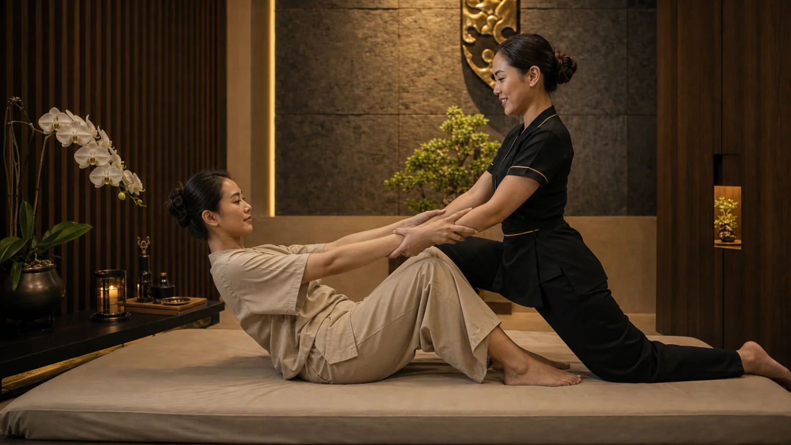 Thai massage therapist supporting a guest during a gradual supine-to-seated transition