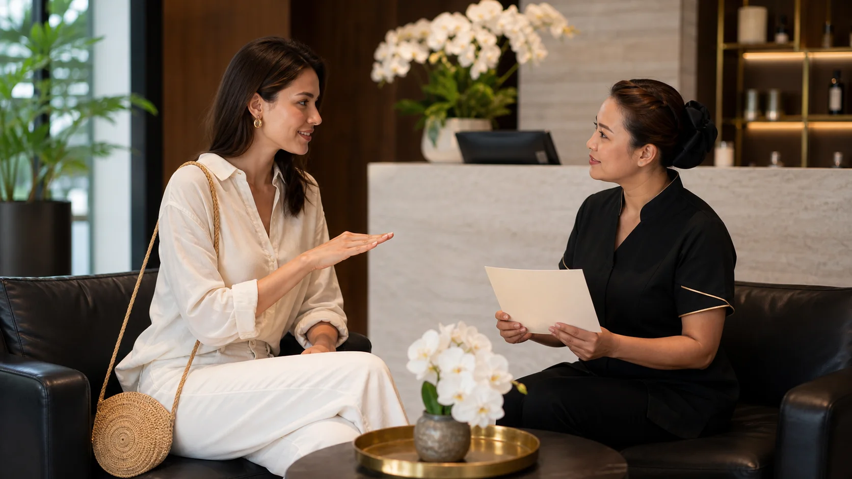 Reception professional listening to an adult guest in a refined Bangkok spa