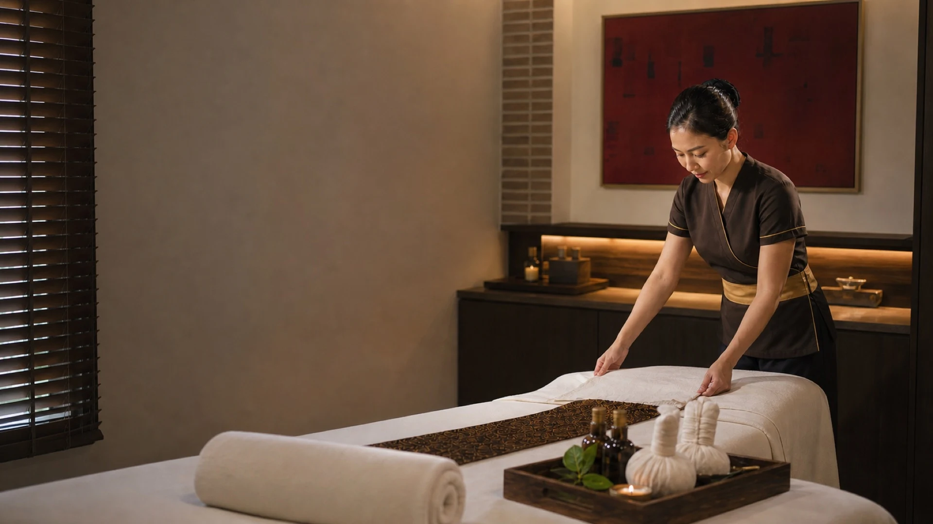 Loft Thai therapist preparing a private treatment room as an observable spa-quality standard
