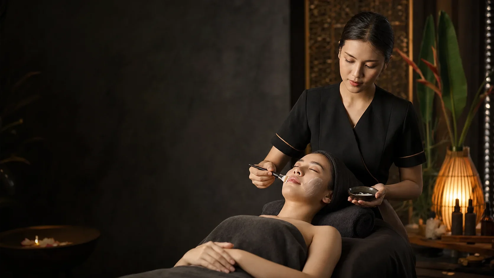 Professional therapist delivering a consultation-led facial in a premium Bangkok treatment room