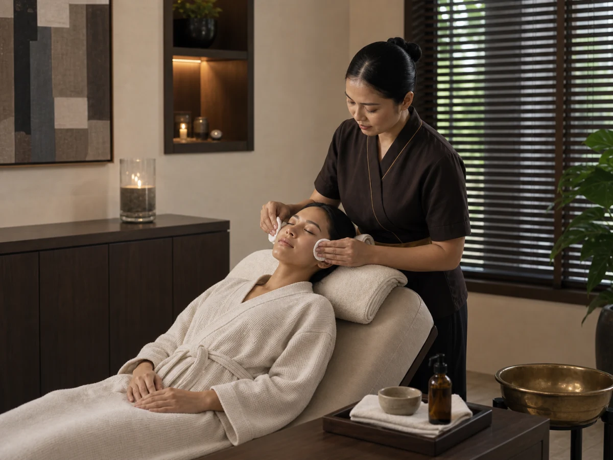 Professional facial treatment in a warm private spa room in Bangkok
