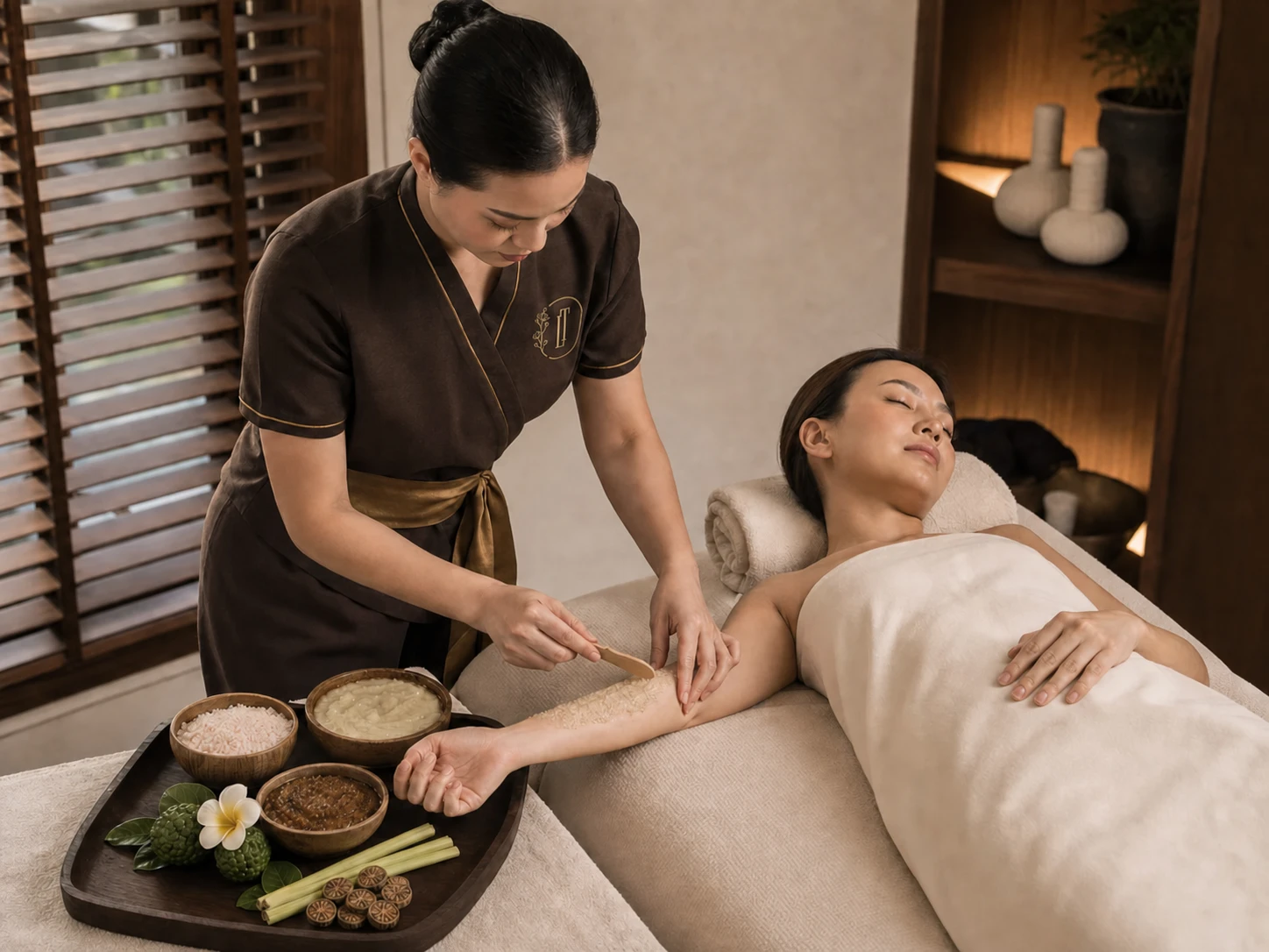 Professional therapist applying a body scrub with controlled circular movements during a Bangkok spa treatment