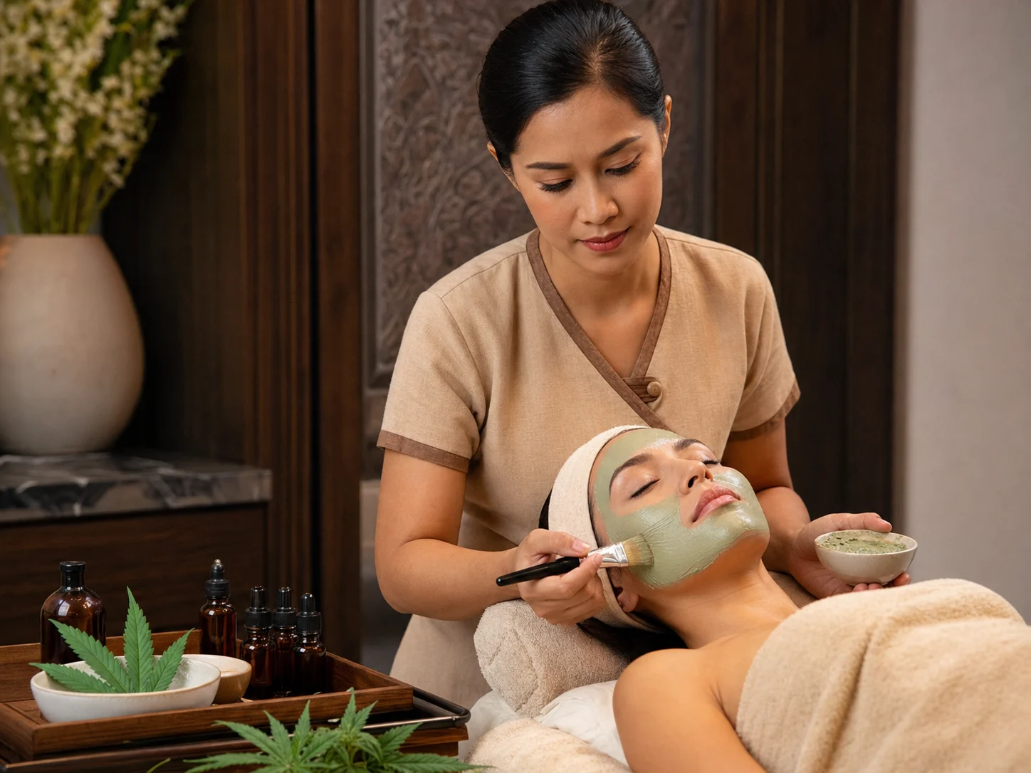 Botanical facial preparation illustrating the skincare side of Loft Thai Spa’s cannabis spa collection