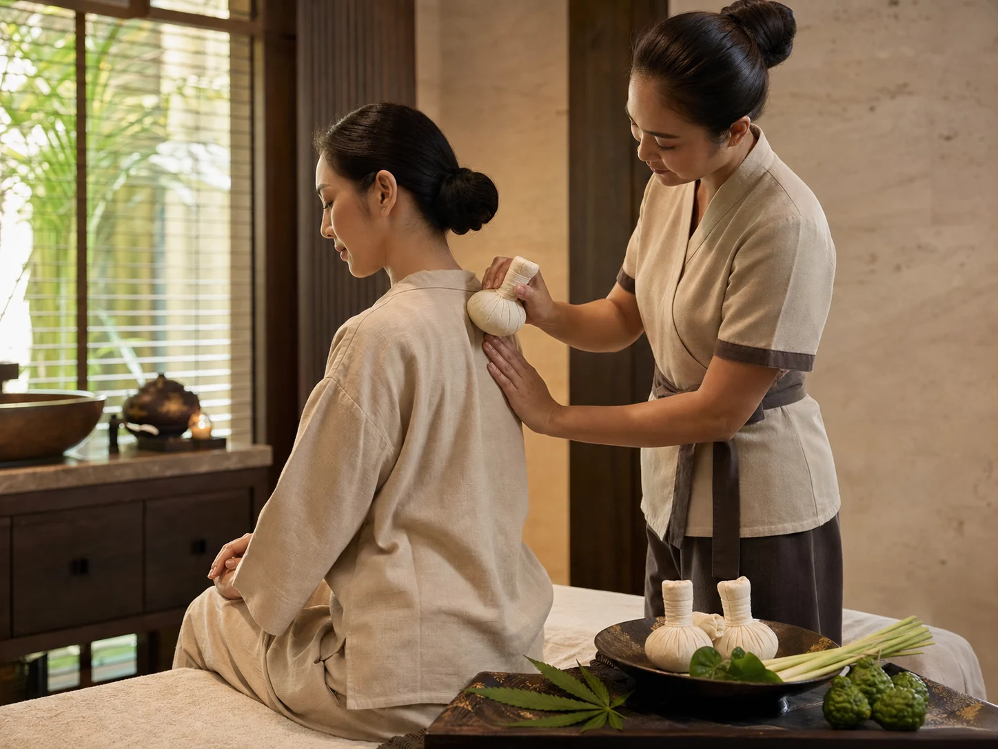 Warm botanical compress and oil massage illustrating Loft Thai Spa’s cannabis herbal compress ritual