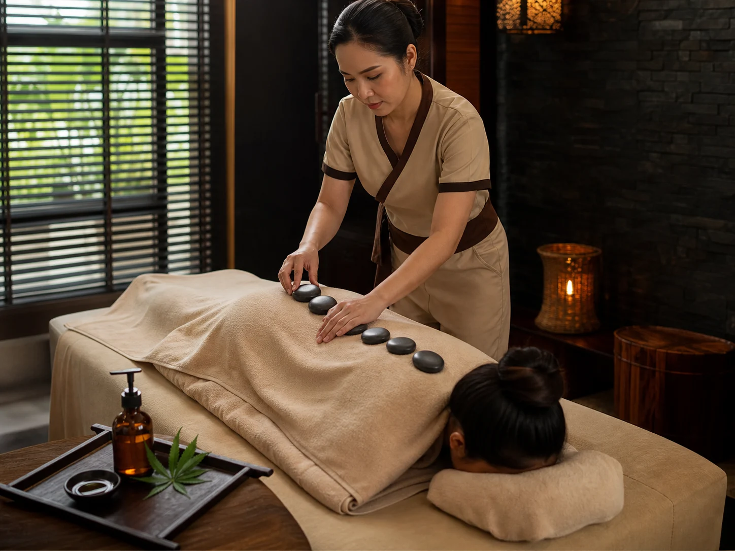 Warm stone and oil massage illustrating an infused hot-stone variation