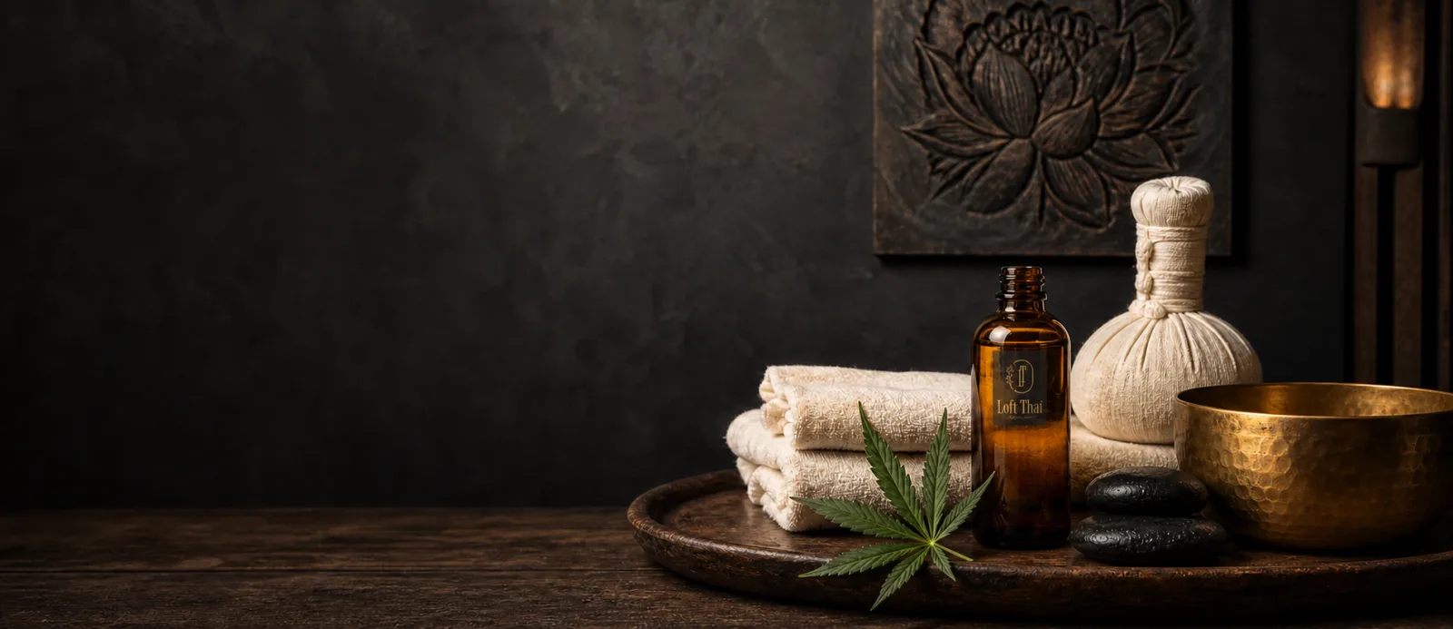 Premium CBD massage oil, Thai herbal compress, warm towels and cannabis leaf prepared for a botanical spa ritual in Bangkok