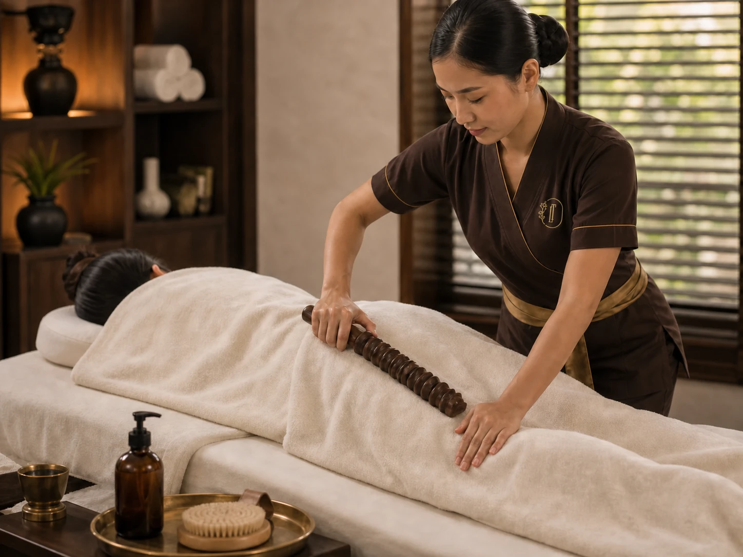 Professional Bangkok therapist performing a targeted body-care massage on a fully draped adult guest