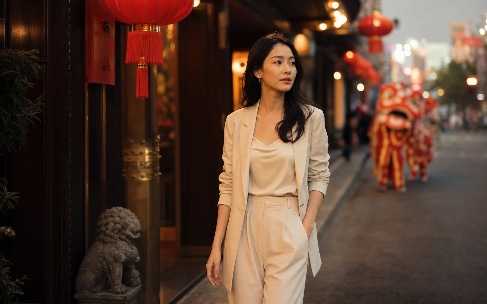 Elegant Asian visitor walking beneath red lanterns in Bangkok during Chinese New Year