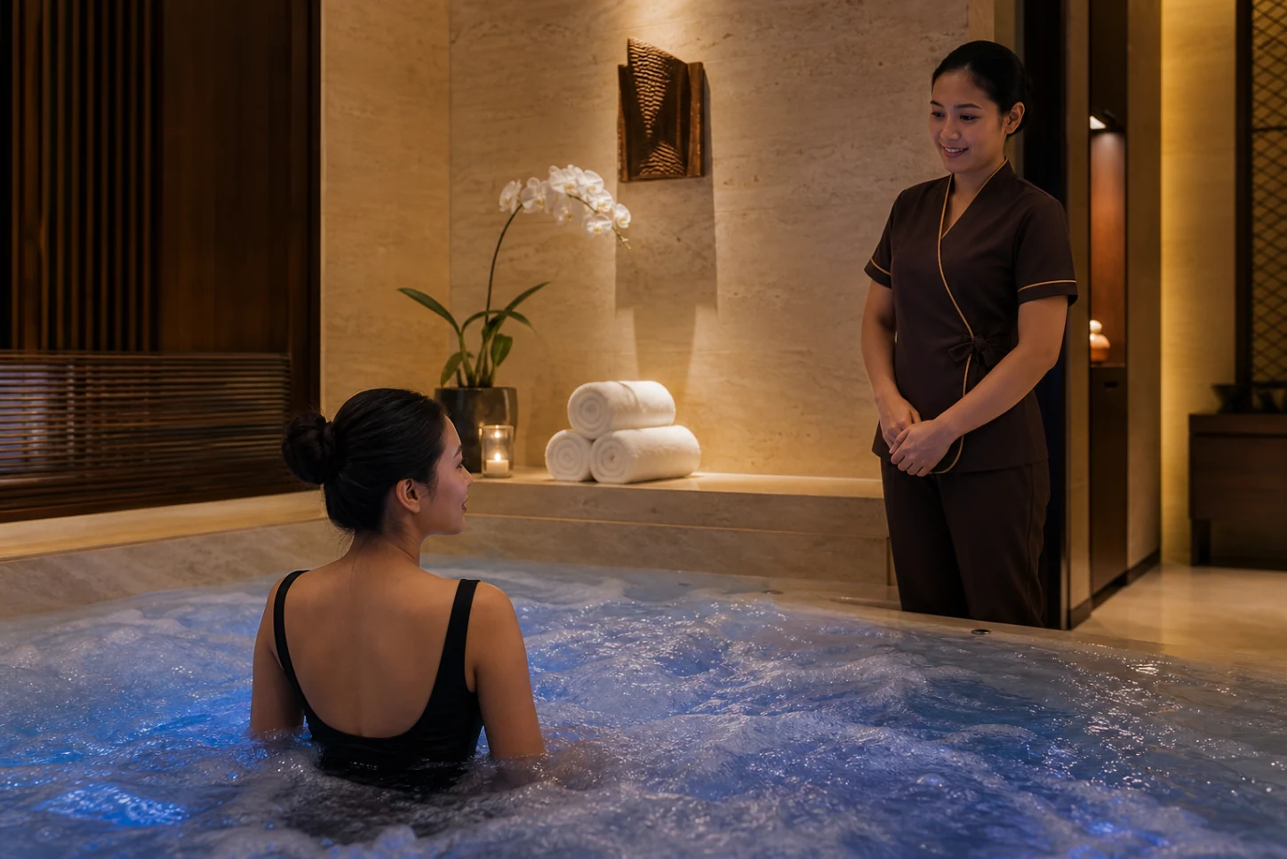 Adult guest and professional spa therapist beside a private Jacuzzi with subtle blue chromotherapy lighting in Bangkok