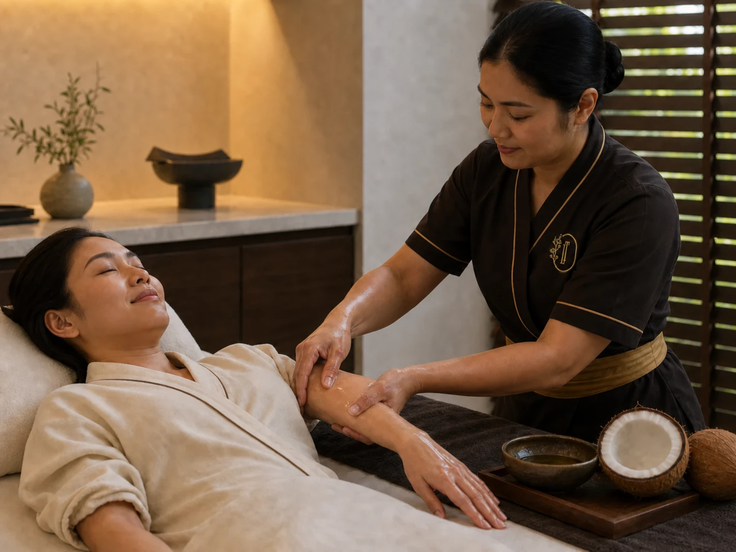 Professional Loft Thai therapist applying warm coconut massage oil to an adult guest's arm in Bangkok