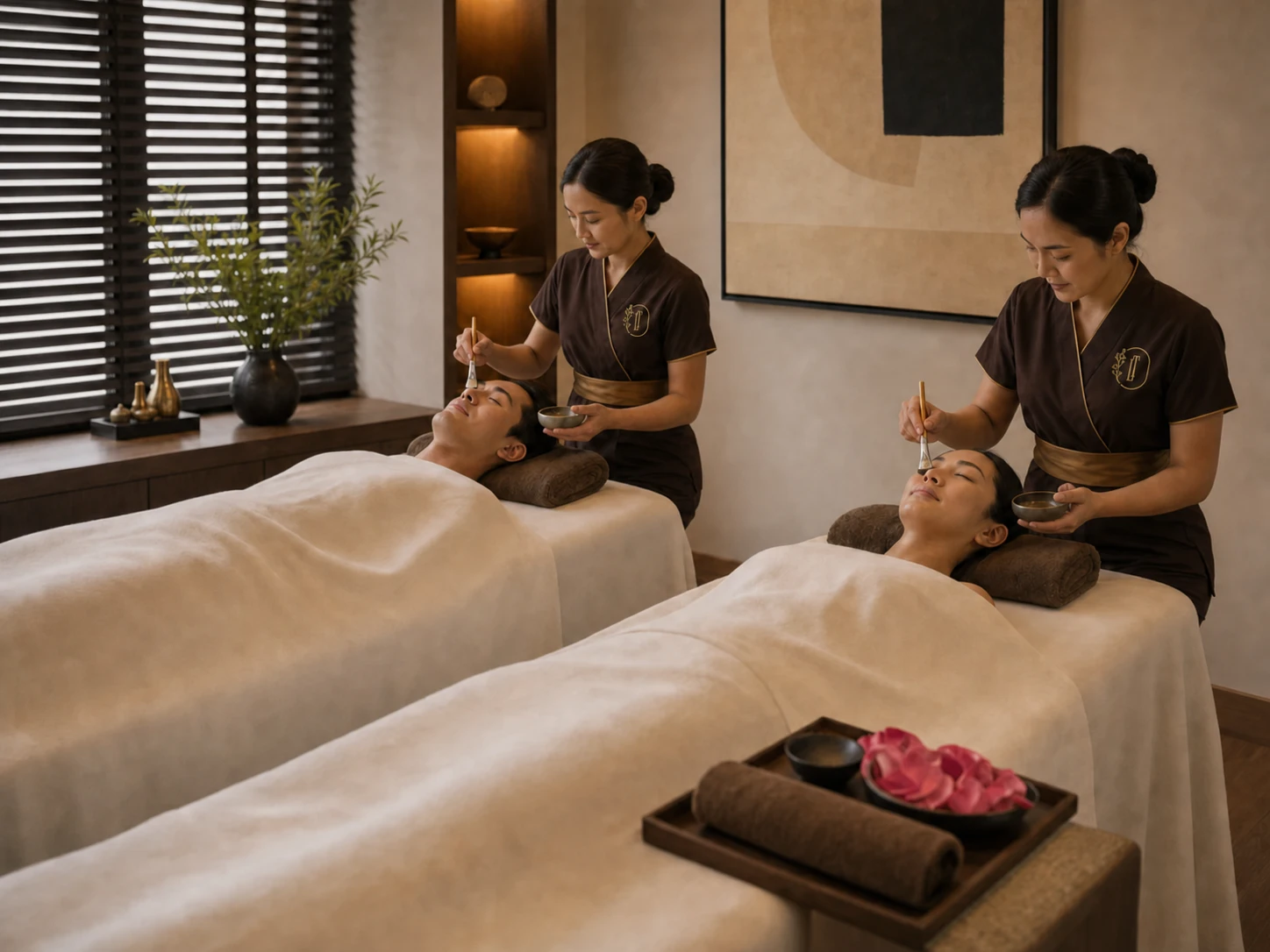 Two adult guests receiving simultaneous professional facial care from Loft Thai therapists in a private couple treatment room