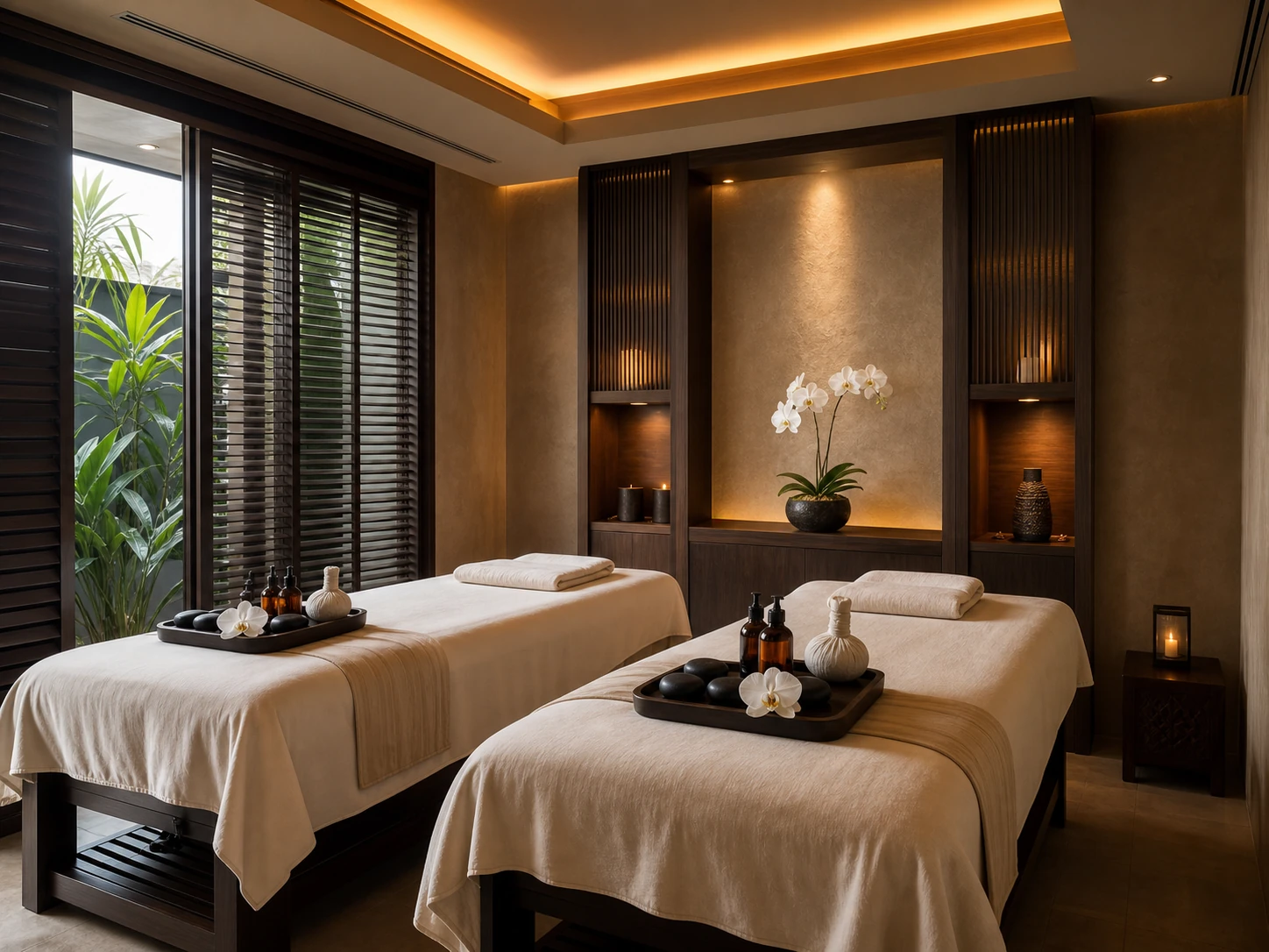 Private couple massage room prepared with two treatment beds, warm linens, hot stones and spa oils in Bangkok