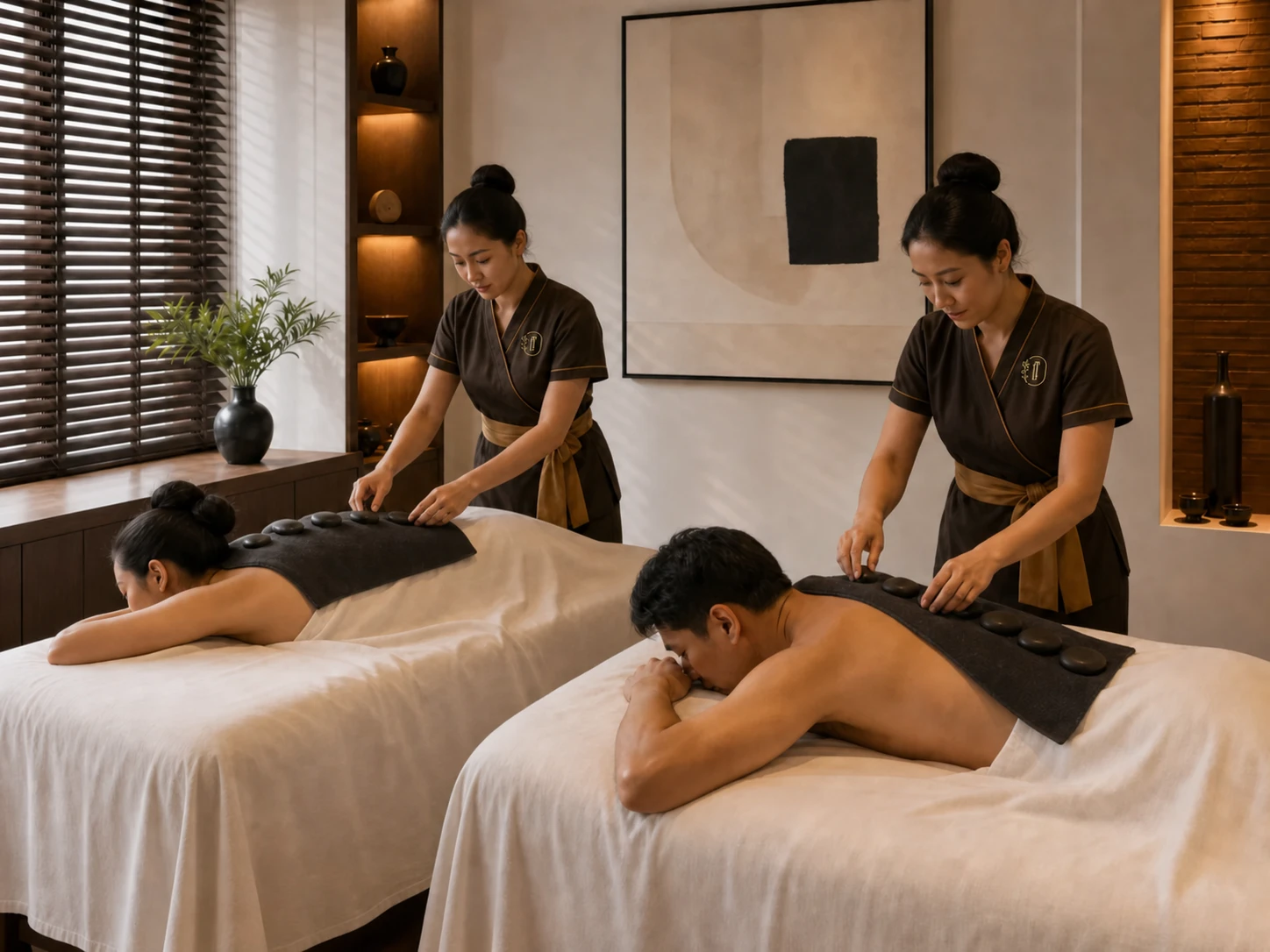 Two adult guests receiving simultaneous professional hot stone massage from Loft Thai therapists in a private couple room