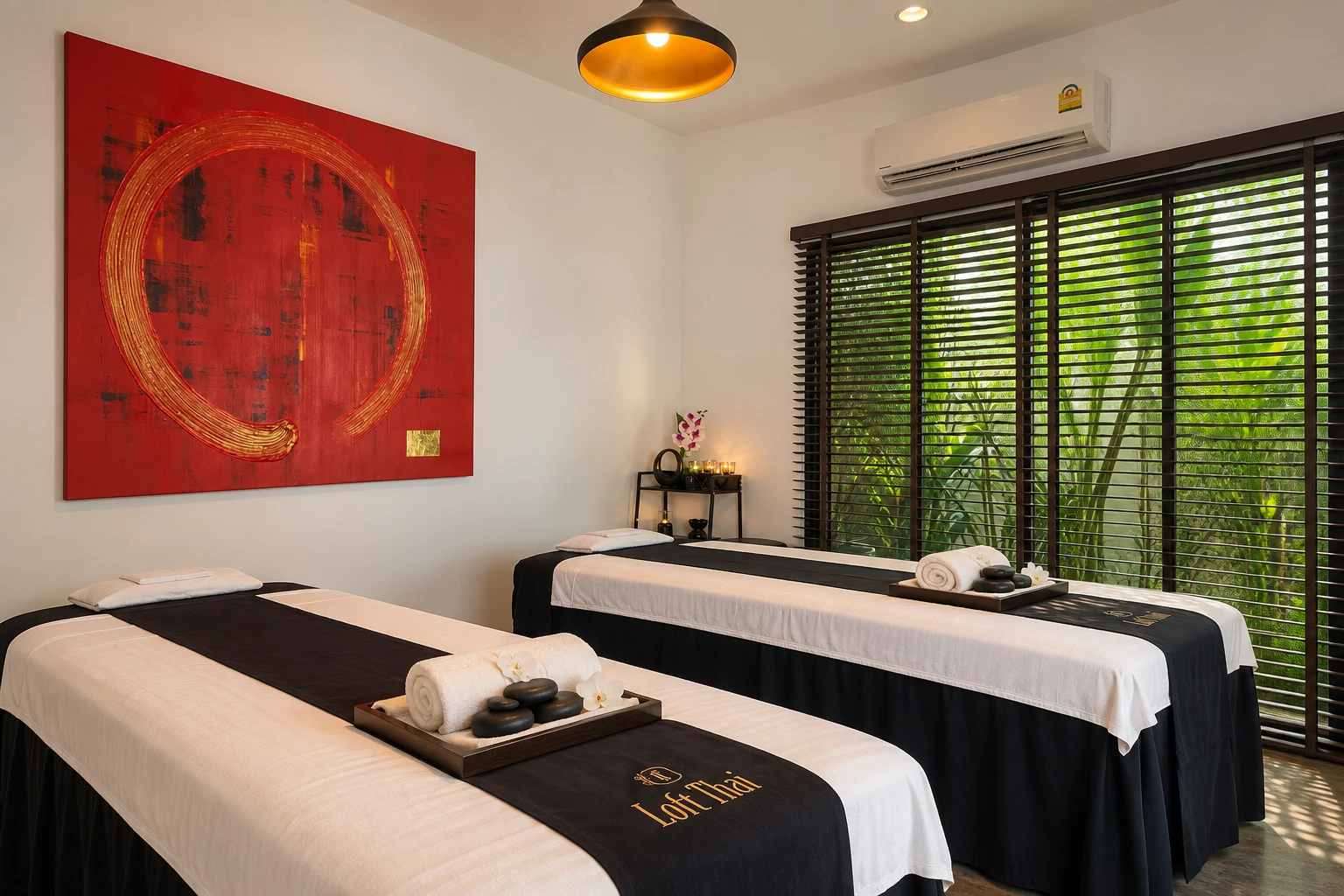 Private Loft Thai treatment room with two massage beds, fresh towels and hot-stone trays