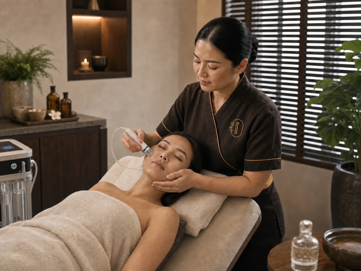 Trained therapist using a professional facial device during a treatment in a Bangkok spa room