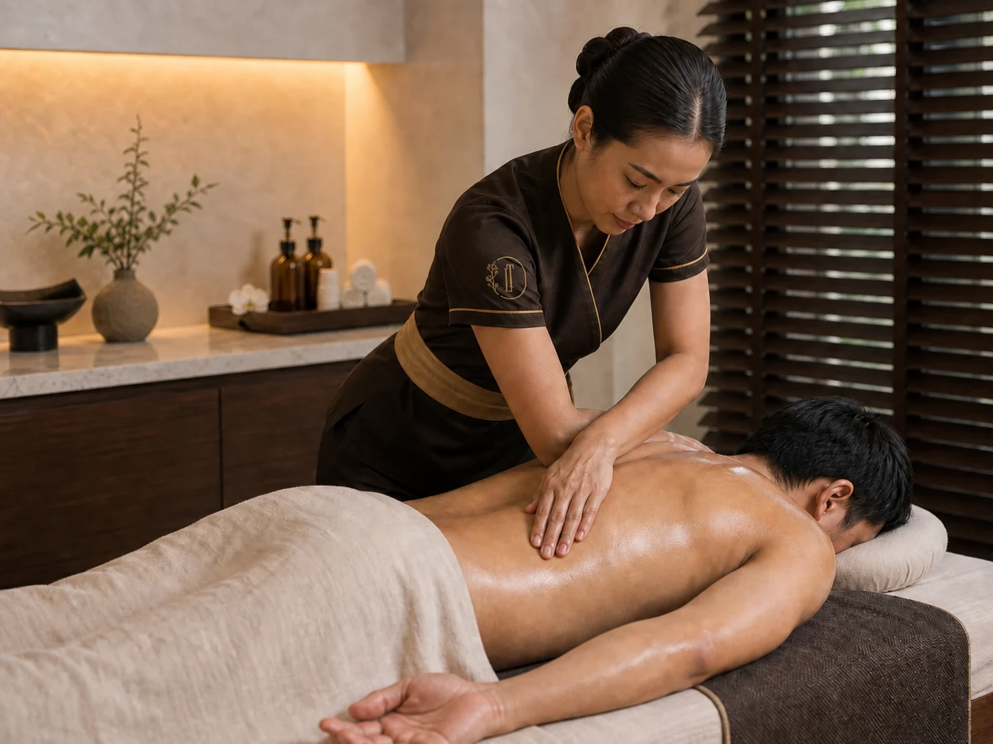Focused deep-tissue oil massage performed slowly on agreed areas rather than as an automatic high-pressure treatment