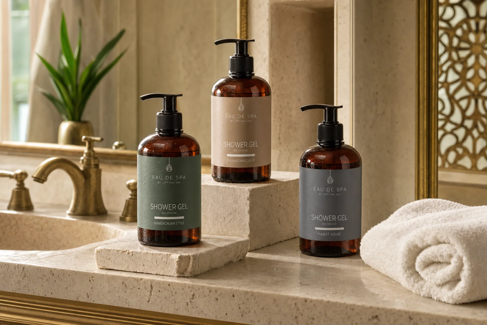 Three Eau de Spa amber shower gel bottles photographed on warm travertine in a refined spa bathroom