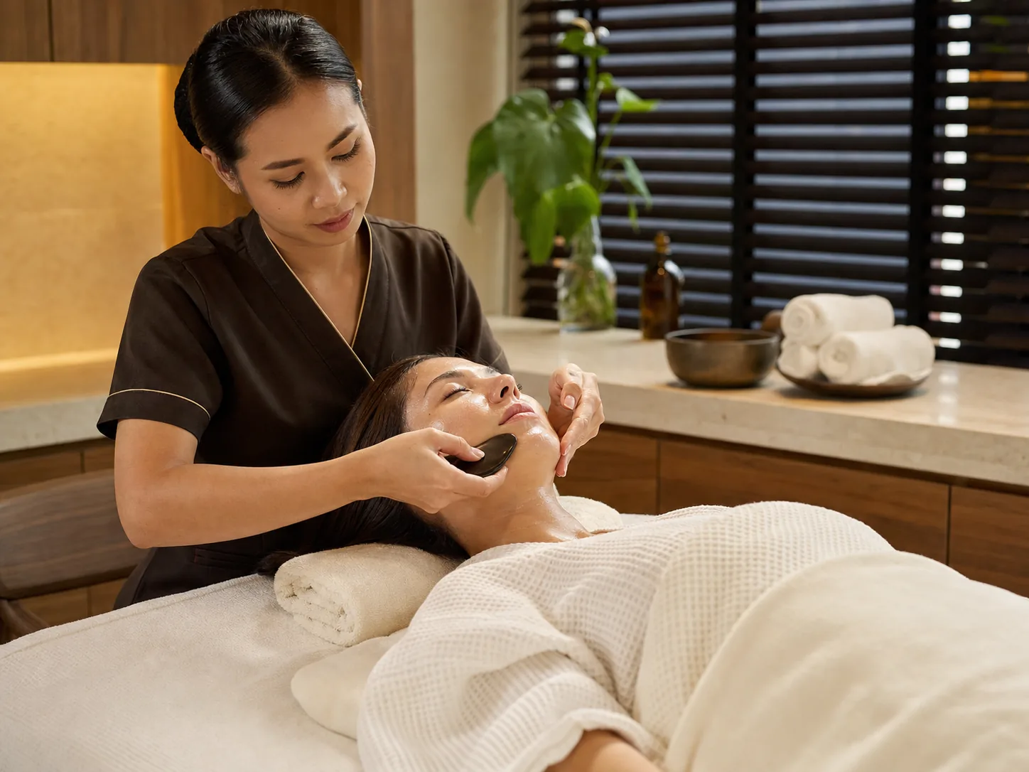 Thai spa therapist using a smooth Gua Sha tool at a shallow angle during a professional facial in Bangkok