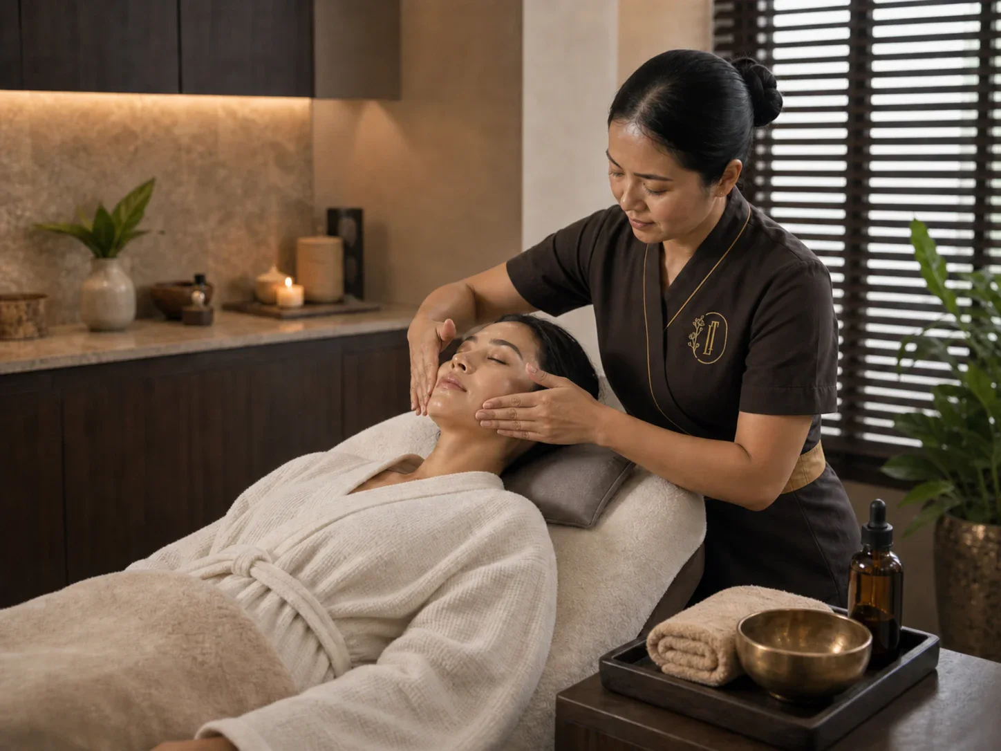Professional therapist performing gentle rhythmic facial touch during a calm Bangkok spa ritual
