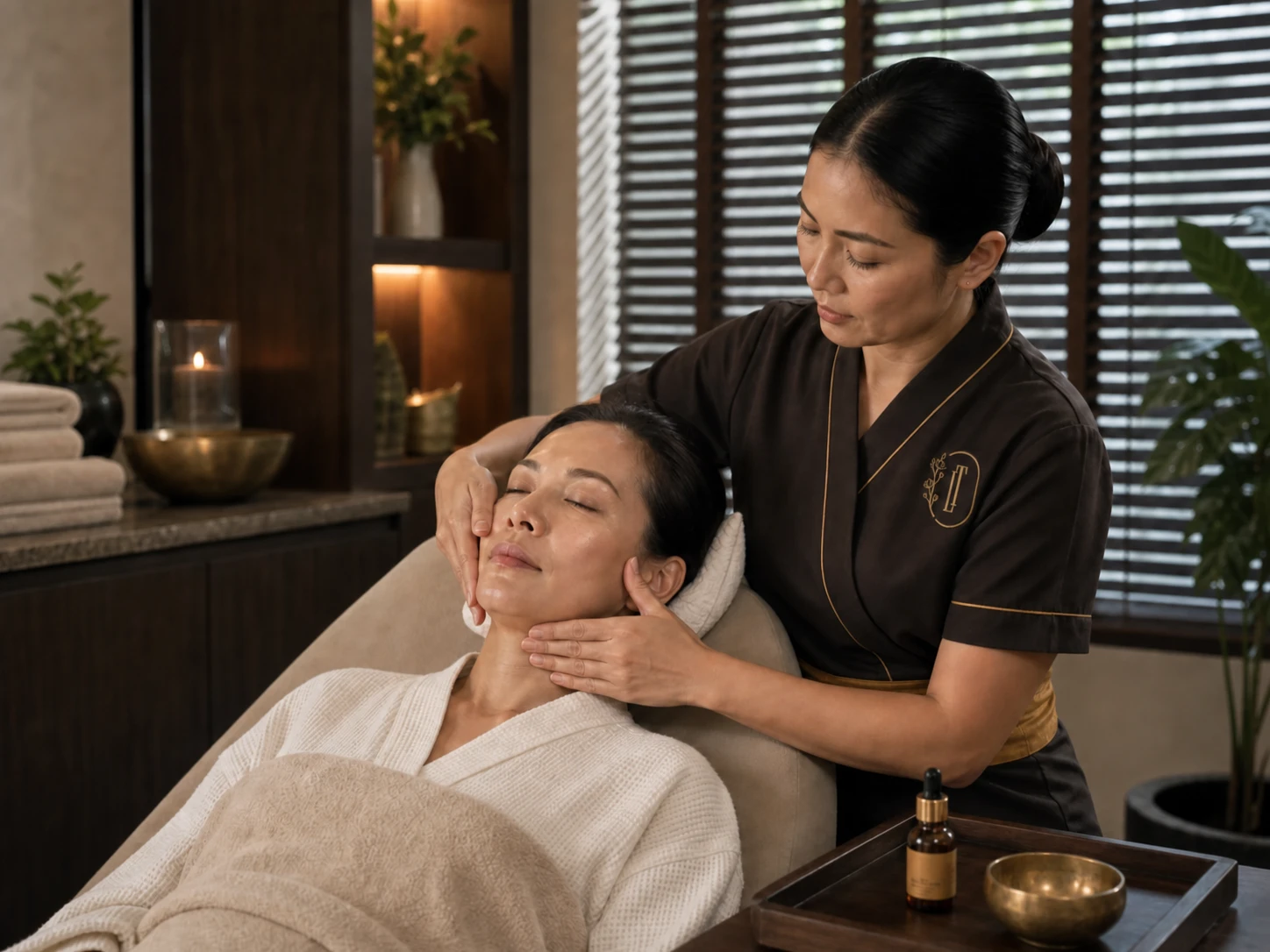 Professional Thai facial therapist performing a controlled lifting massage for an adult guest in a premium Bangkok spa room
