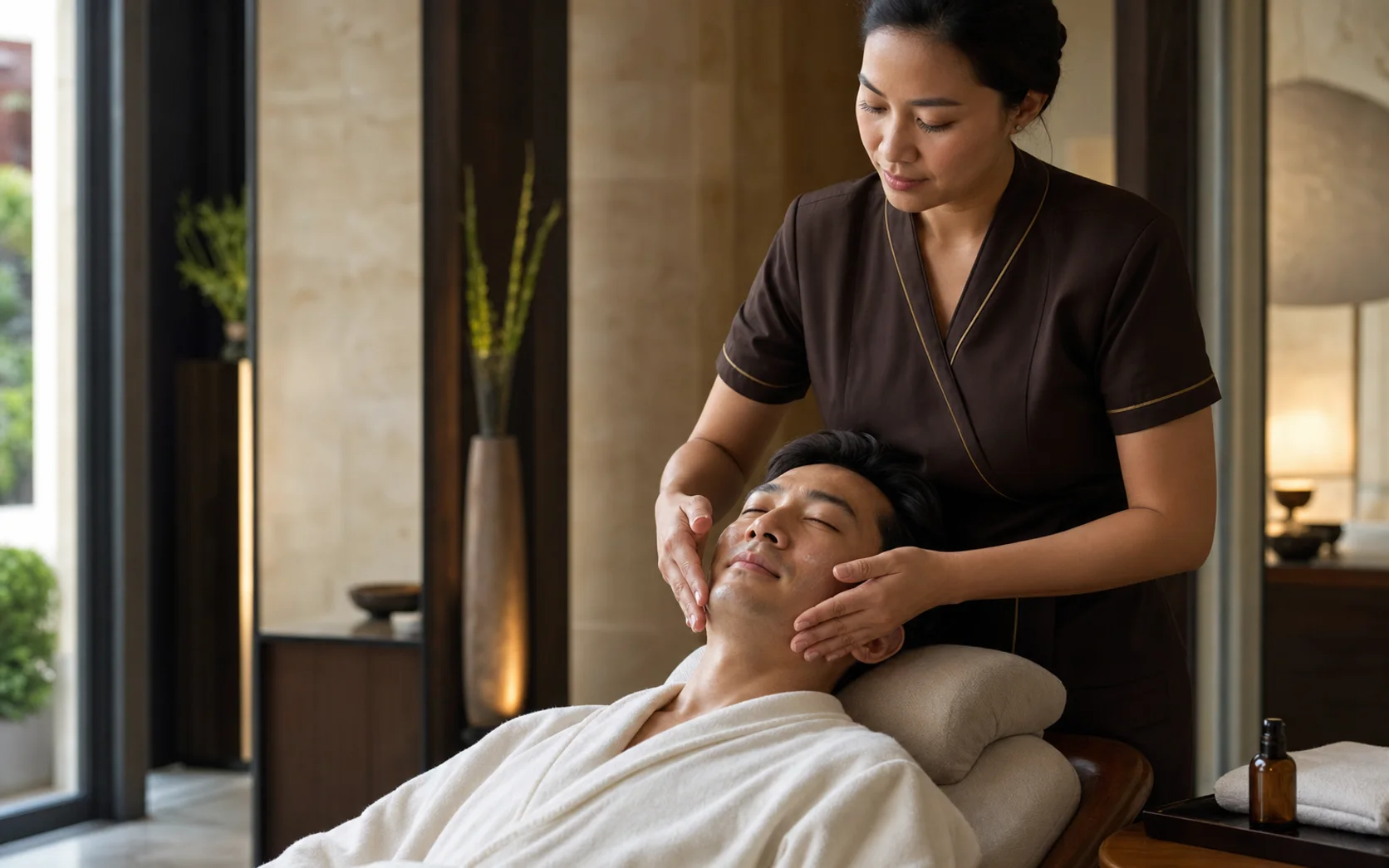 Male guest receiving a gentle professional facial massage after skincare consultation in a Bangkok spa
