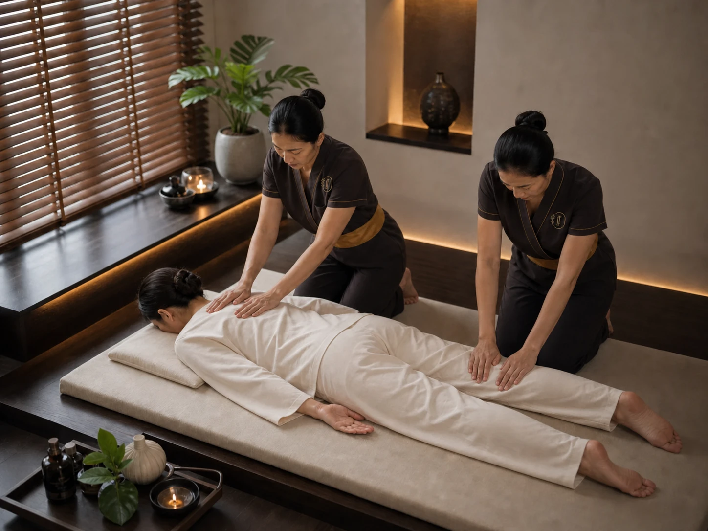 Two professional Loft Thai therapists coordinating a synchronized Four Hands Massage in Bangkok