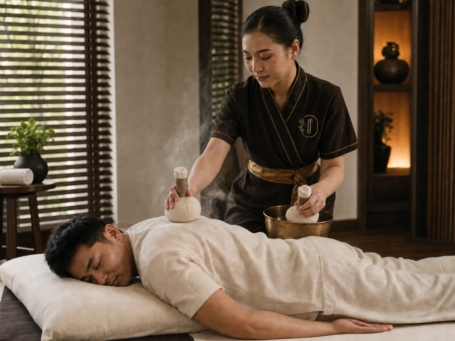 Fresh Thai herbal compress preparation shown as a related but distinct traditional treatment