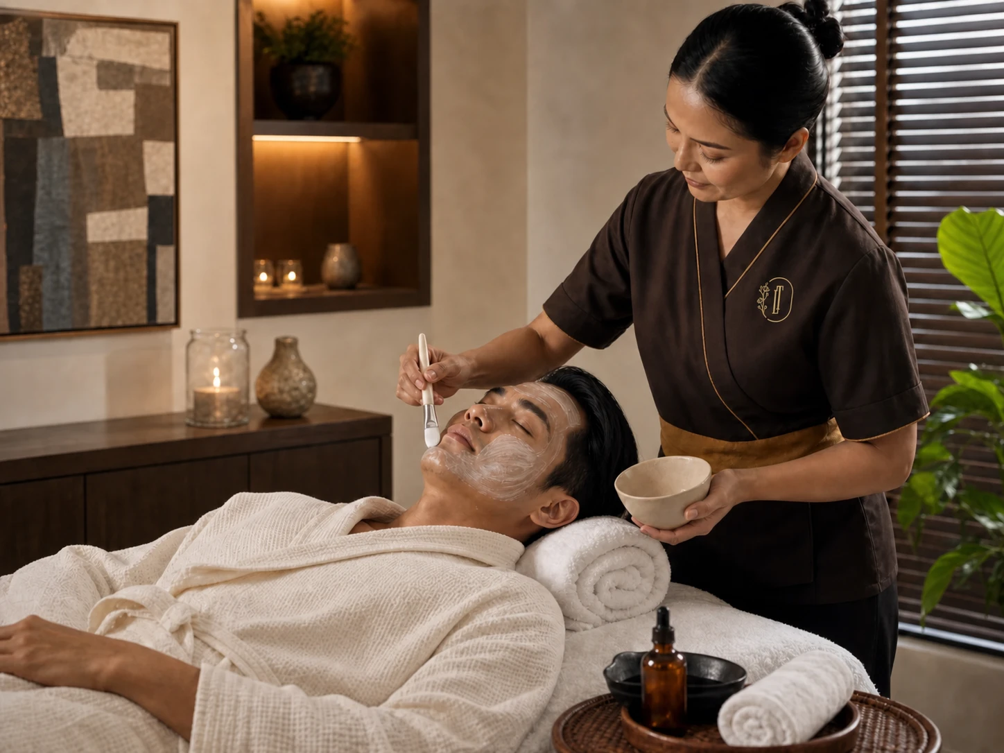 Male guest receiving a consultation-led spa ritual in a private Loft Thai treatment room in Bangkok