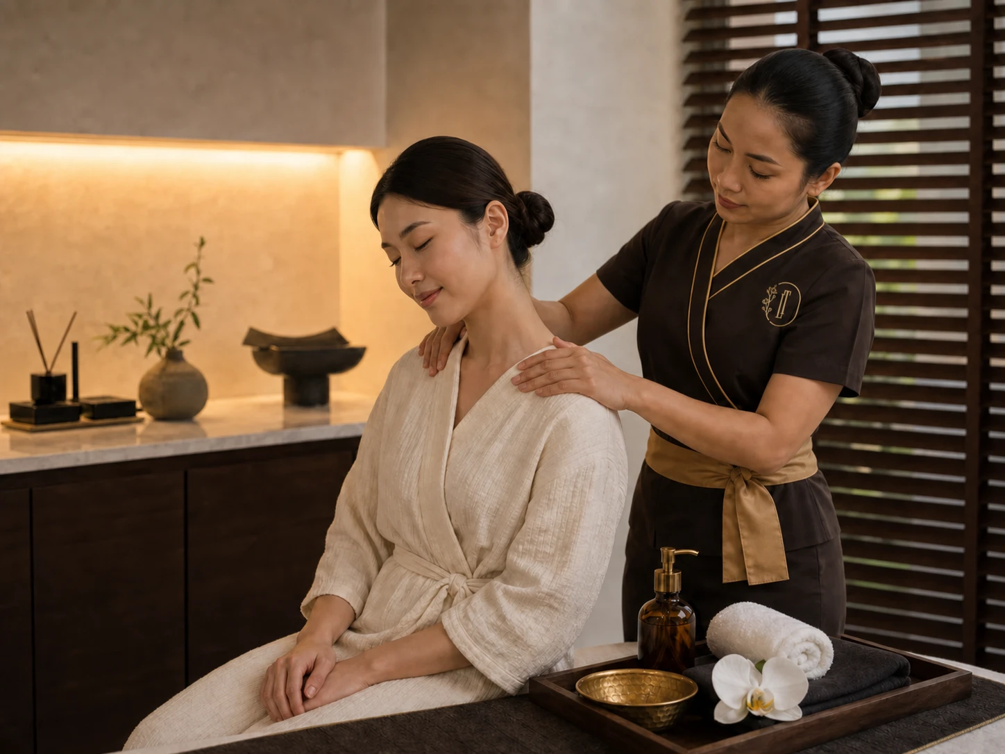 Professional Loft Thai therapist performing Golden Aroma Oil Massage on an adult guest in a premium Bangkok spa room