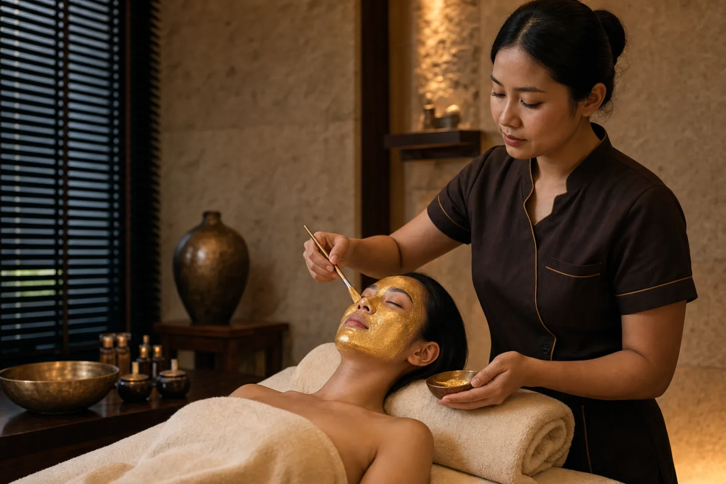 Golden Facial mask ritual presented with realistic cosmetic expectations
