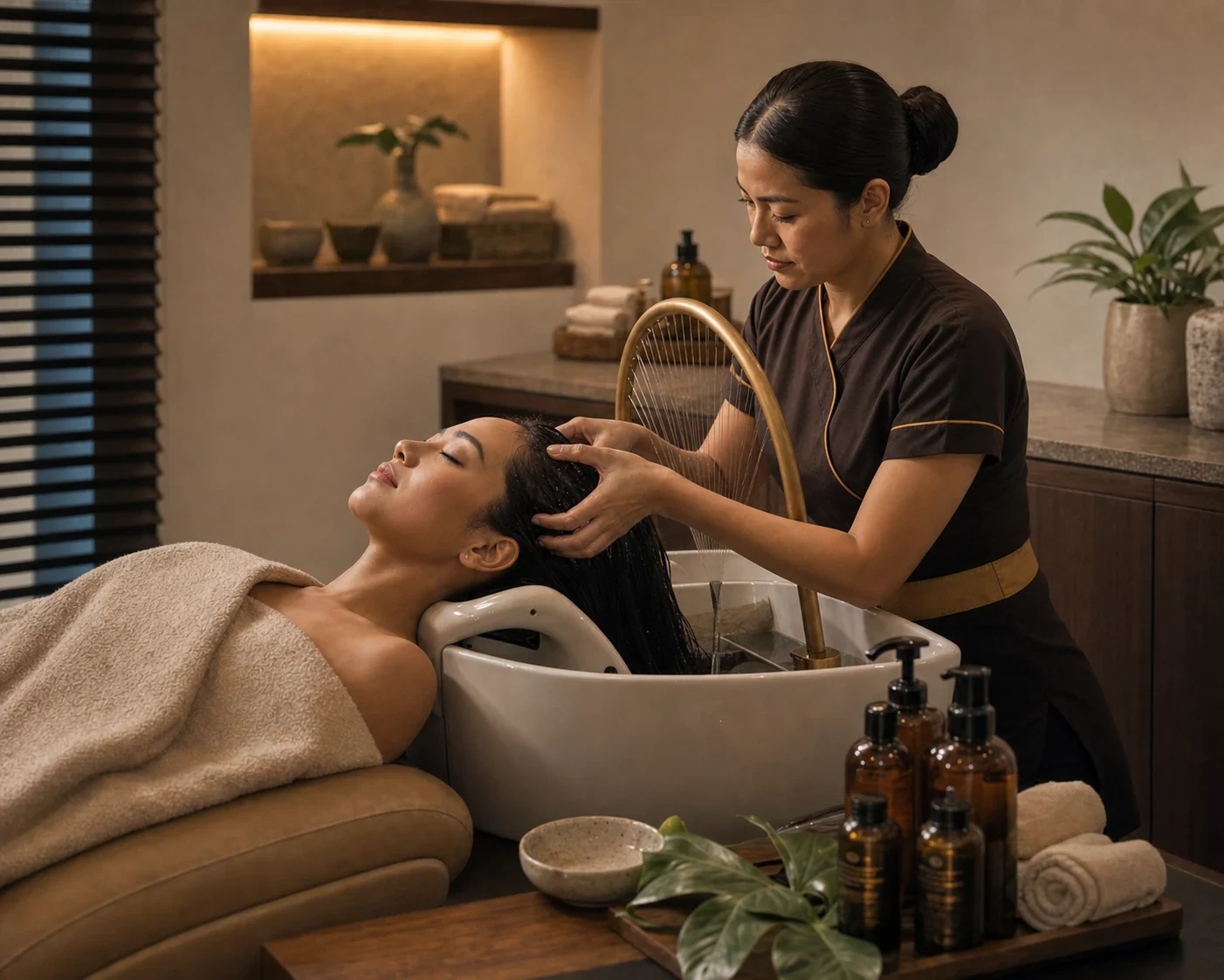 Professional water-ring head spa treatment for an adult guest in a refined Bangkok scalp-care room