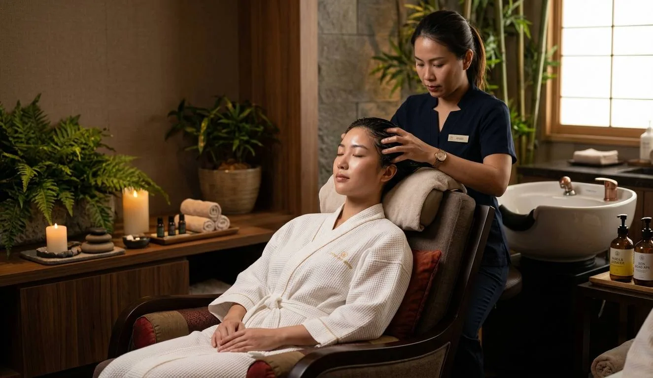 Guest receiving a professional head spa shampoo and scalp-care ritual in a warm Bangkok treatment room