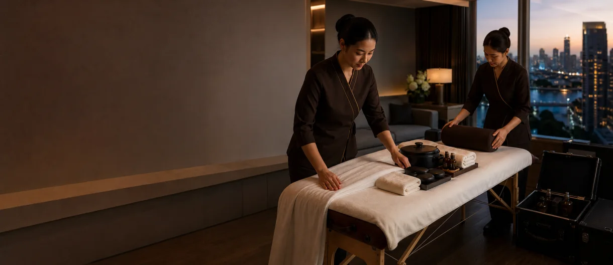 Two Loft Thai therapists preparing a complete five-star home spa setup in a luxury Bangkok hotel suite