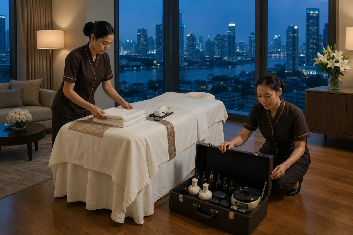 Two therapists completing the room reset after a five-star hotel spa experience in Bangkok