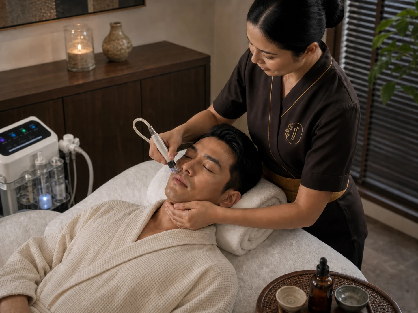Adult male guest receiving a professional device-assisted facial from a Loft Thai therapist in Bangkok