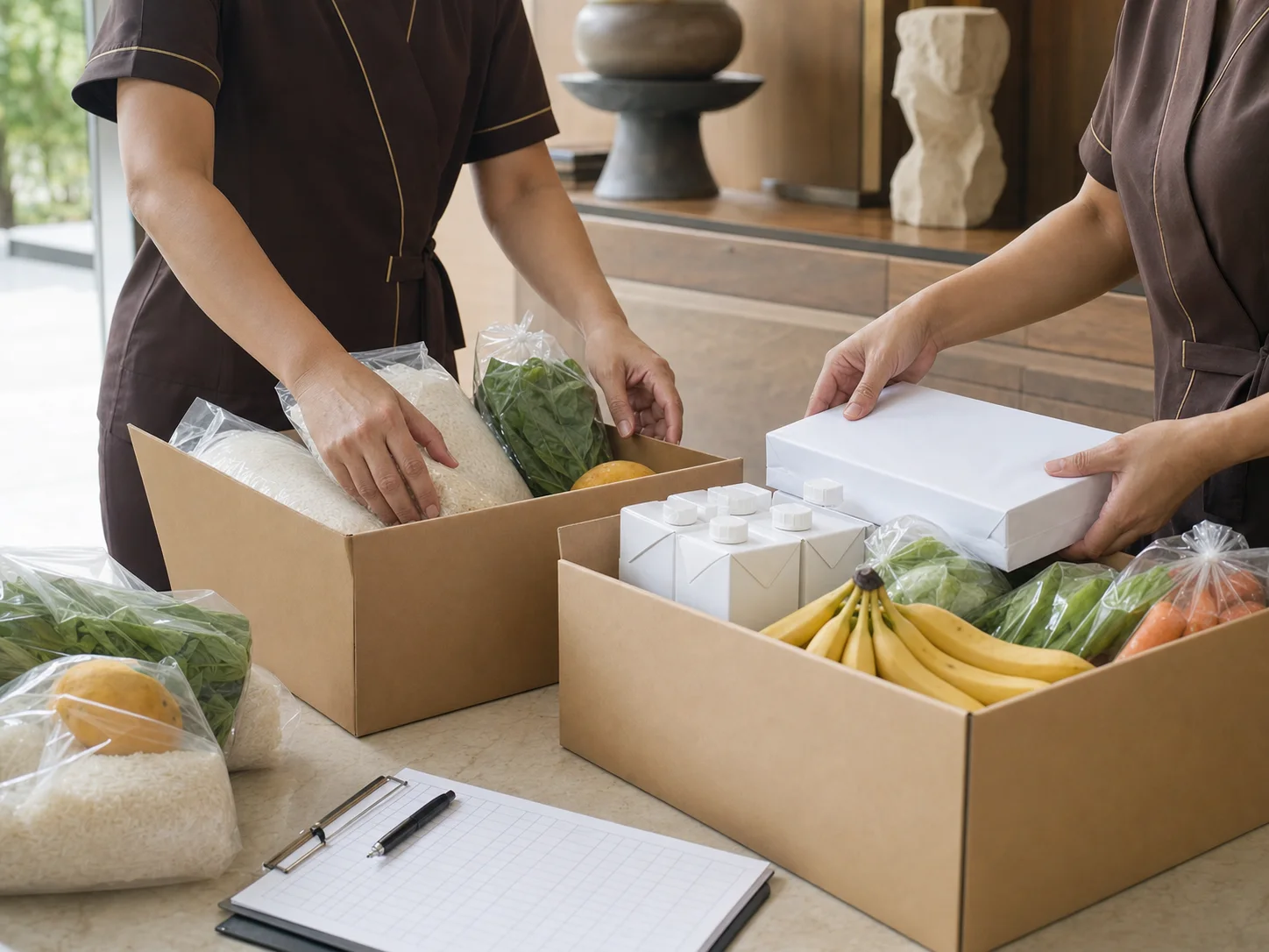 Adult Loft Thai team members preparing rice, milk, paper and fresh produce for a community-support initiative