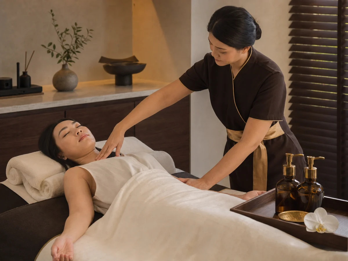Aromatherapy massage in a softly lit private treatment room in Bangkok