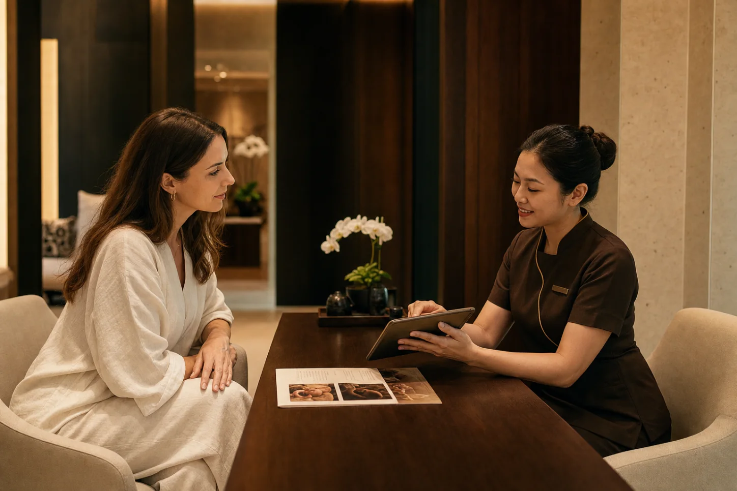 Loft Thai team member discussing a Bangkok spa booking and pre-arrival consultation with an adult guest