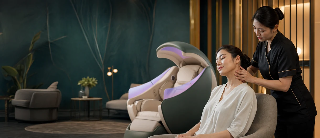 Loft Thai wellness practitioner demonstrating neck and shoulder recovery beside an advanced massage chair in Bangkok