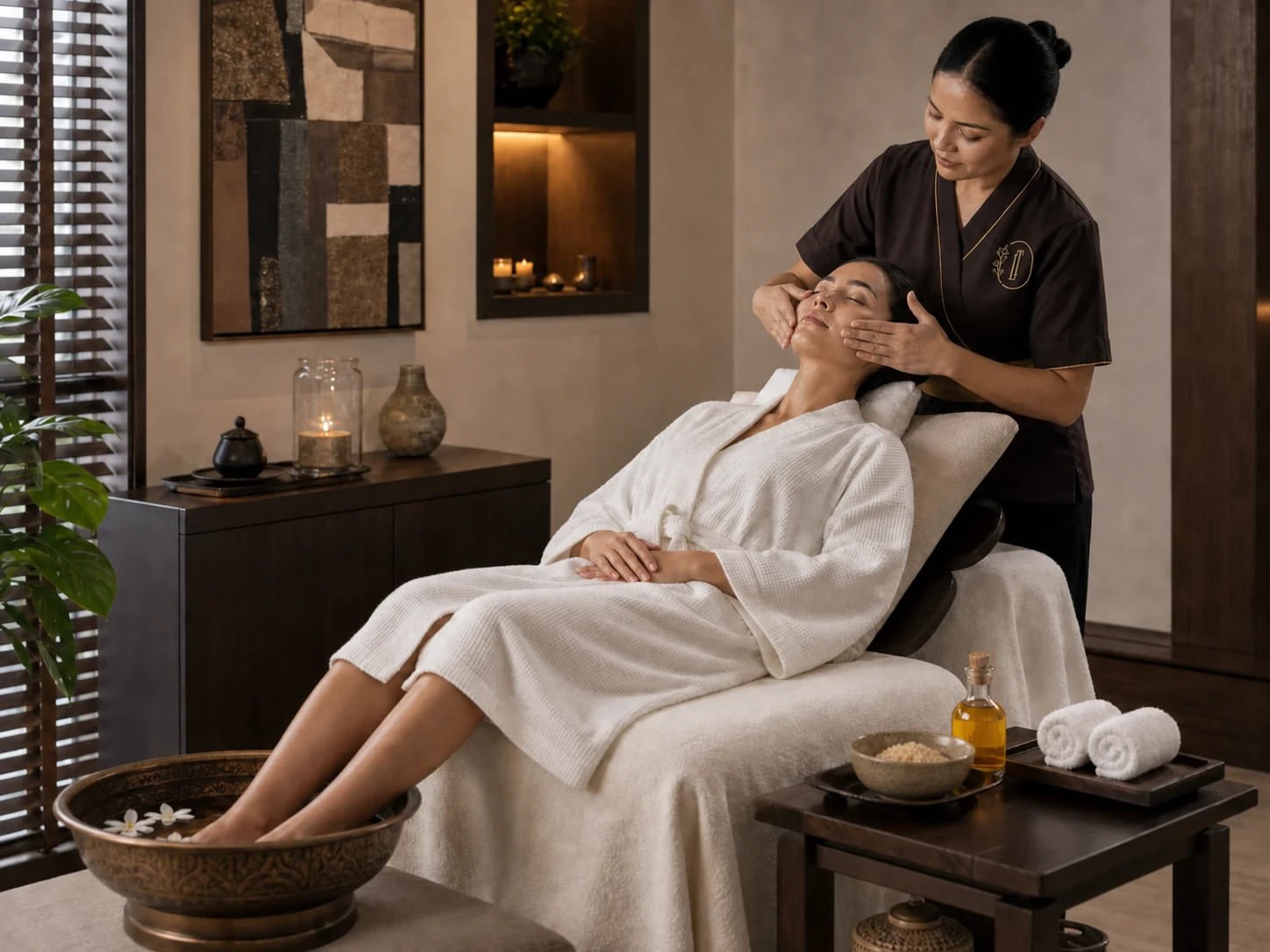 Professional Loft Thai therapist performing a facial massage beside a floral foot bath during the Signature Spa ritual