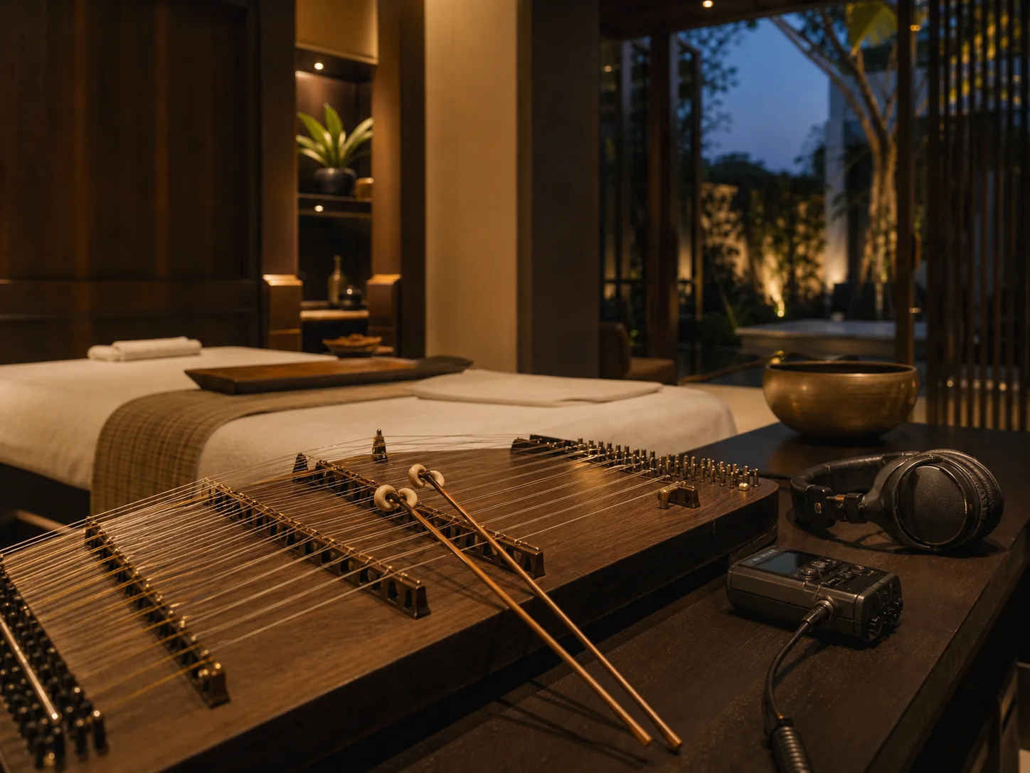 Commercial spa soundscape setup combining a Thai instrument, headphones and recording equipment