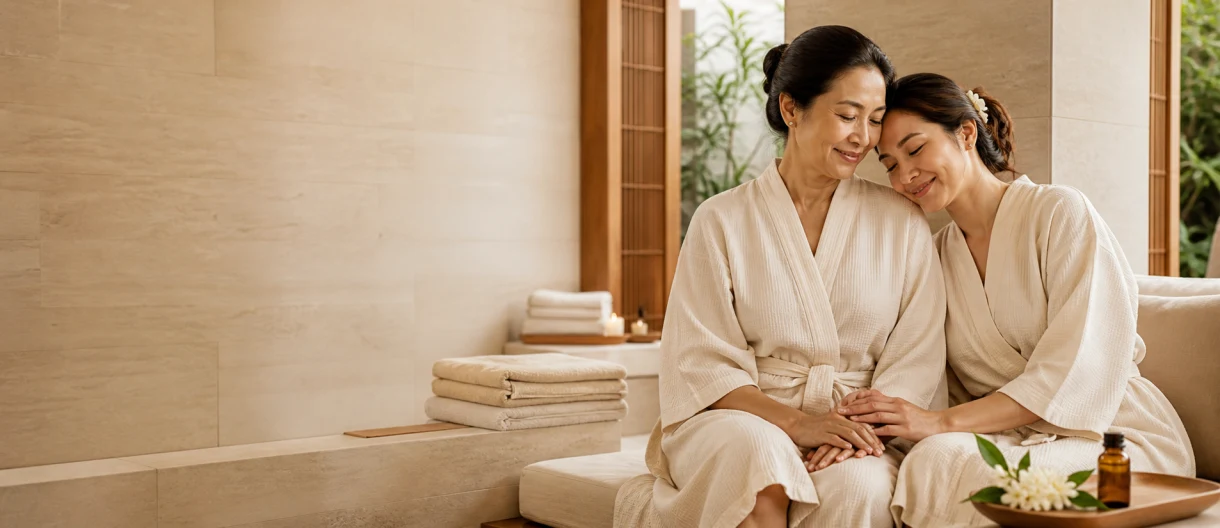 Thai mother and adult daughter sharing a quiet moment before an aromatherapy massage in Bangkok
