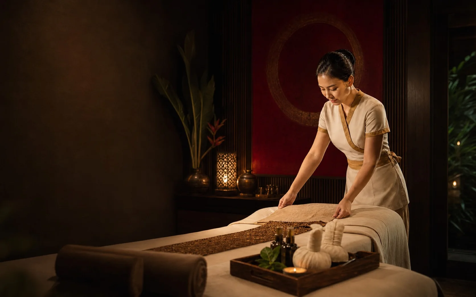 Adult guest receiving attentive therapist-led care in a private luxury spa setting in Bangkok
