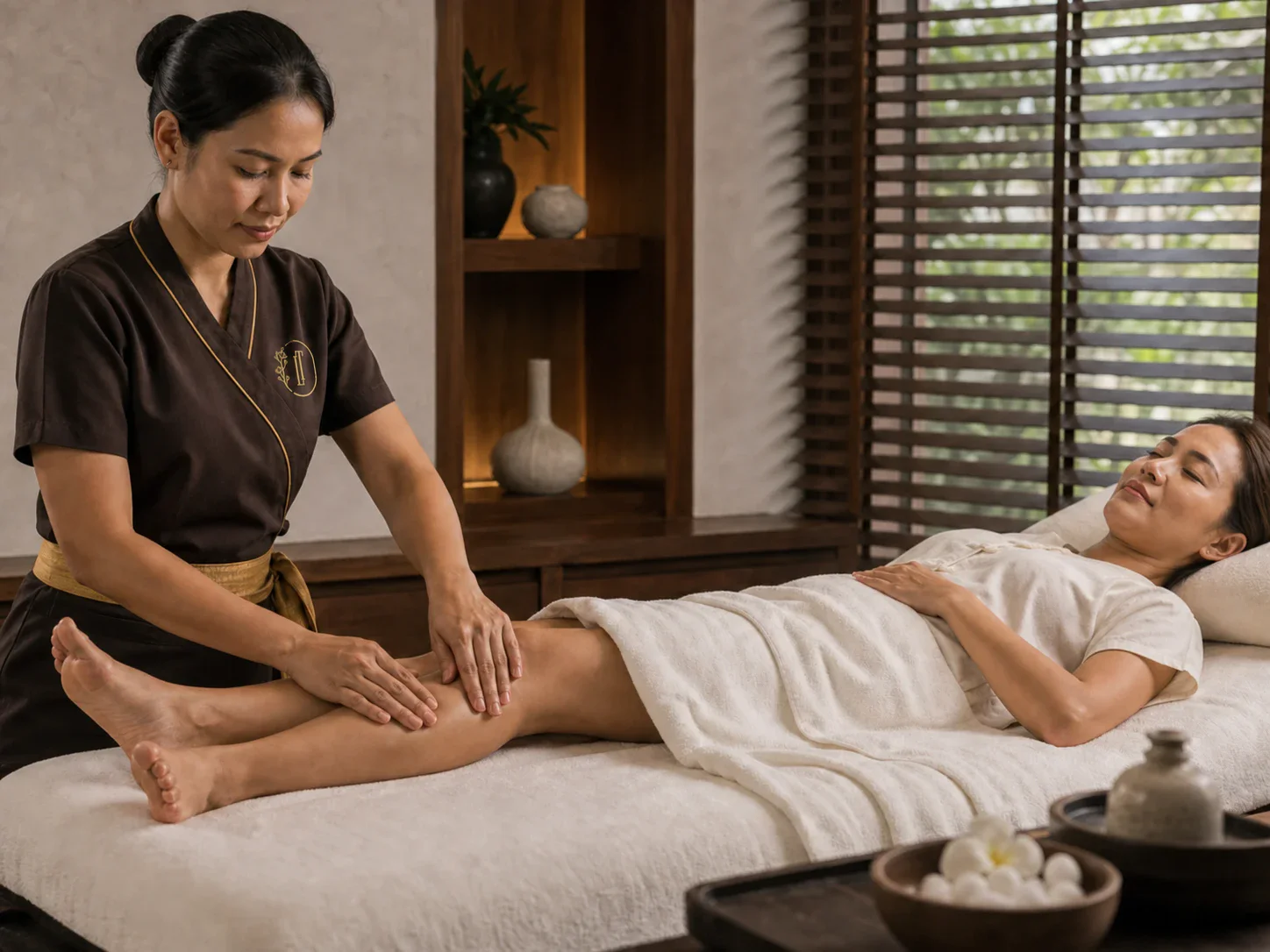 Professional Thai therapist performing an adapted lower-leg massage for an adult guest in a premium Bangkok spa