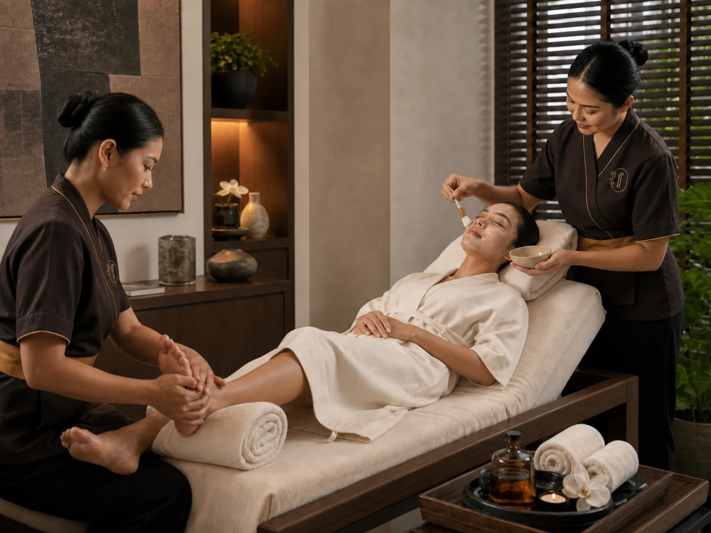 Two professional Loft Thai therapists coordinating a facial and foot massage during the Mahanakhon Spa Package in Bangkok