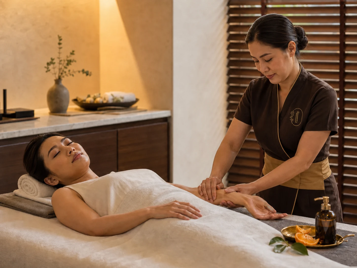 Professional Loft Thai therapist performing a warm mandarin oil massage on an adult guest in a premium Bangkok treatment room