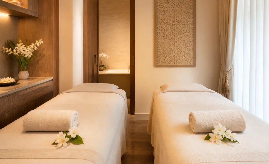 Private two-bed Bangkok spa room prepared for a mother and adult child to relax together