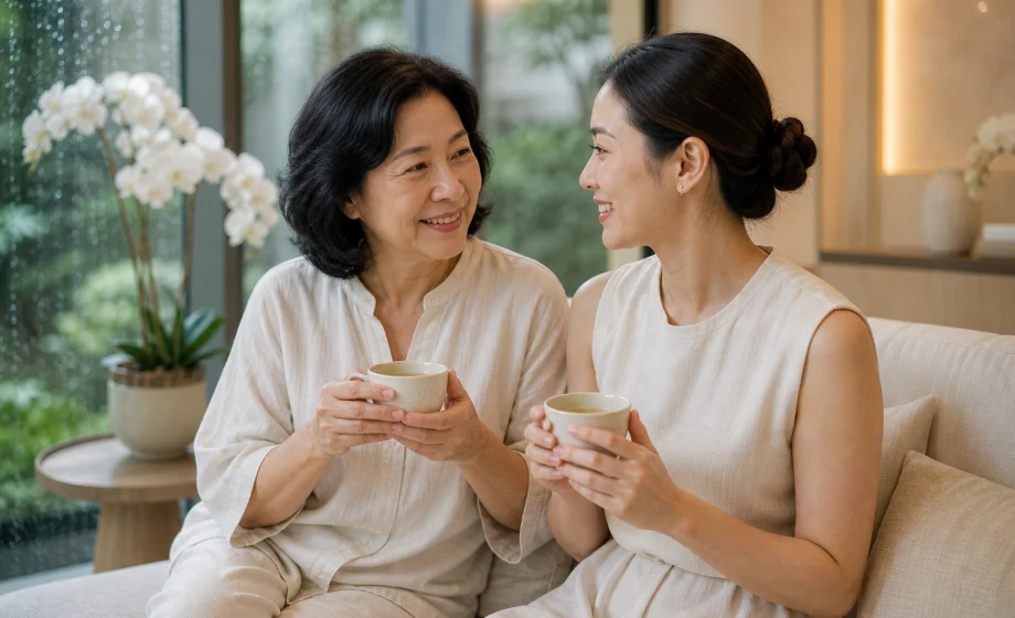 Mother and adult daughter sharing jasmine tea during a relaxed day together in Bangkok