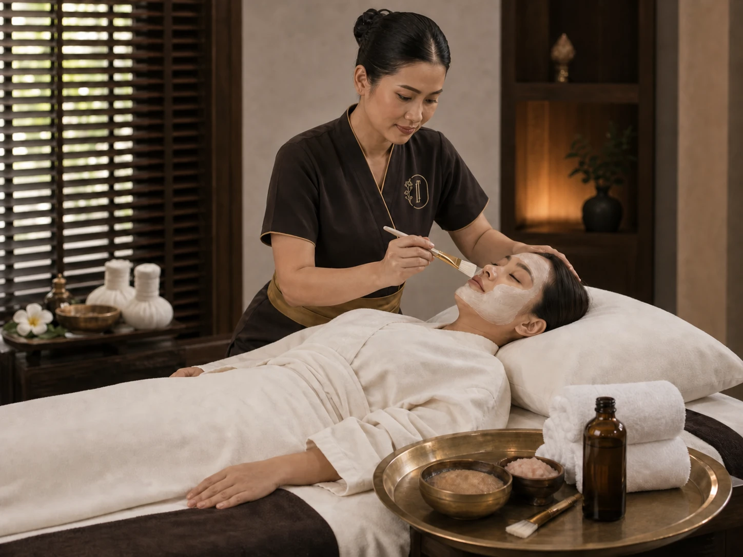 Adult new mother fully robed during the facial-care stage of a private 210-minute Bangkok spa package